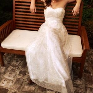 White Prom Dress with Gold Sparkle Overlay Detail